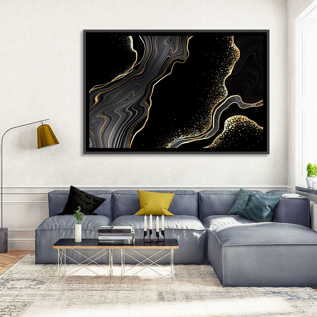 Black Marble with Gold Veins Wall Art in a room, landscape