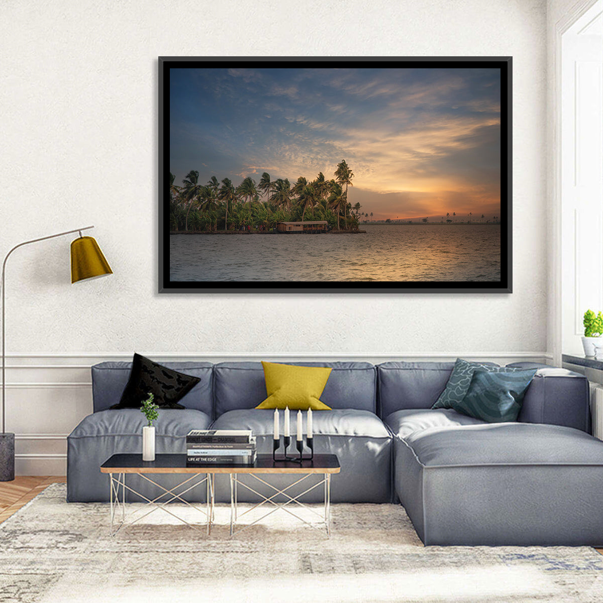 Vembanad Lake Sunset Wall Art in a room, landscape