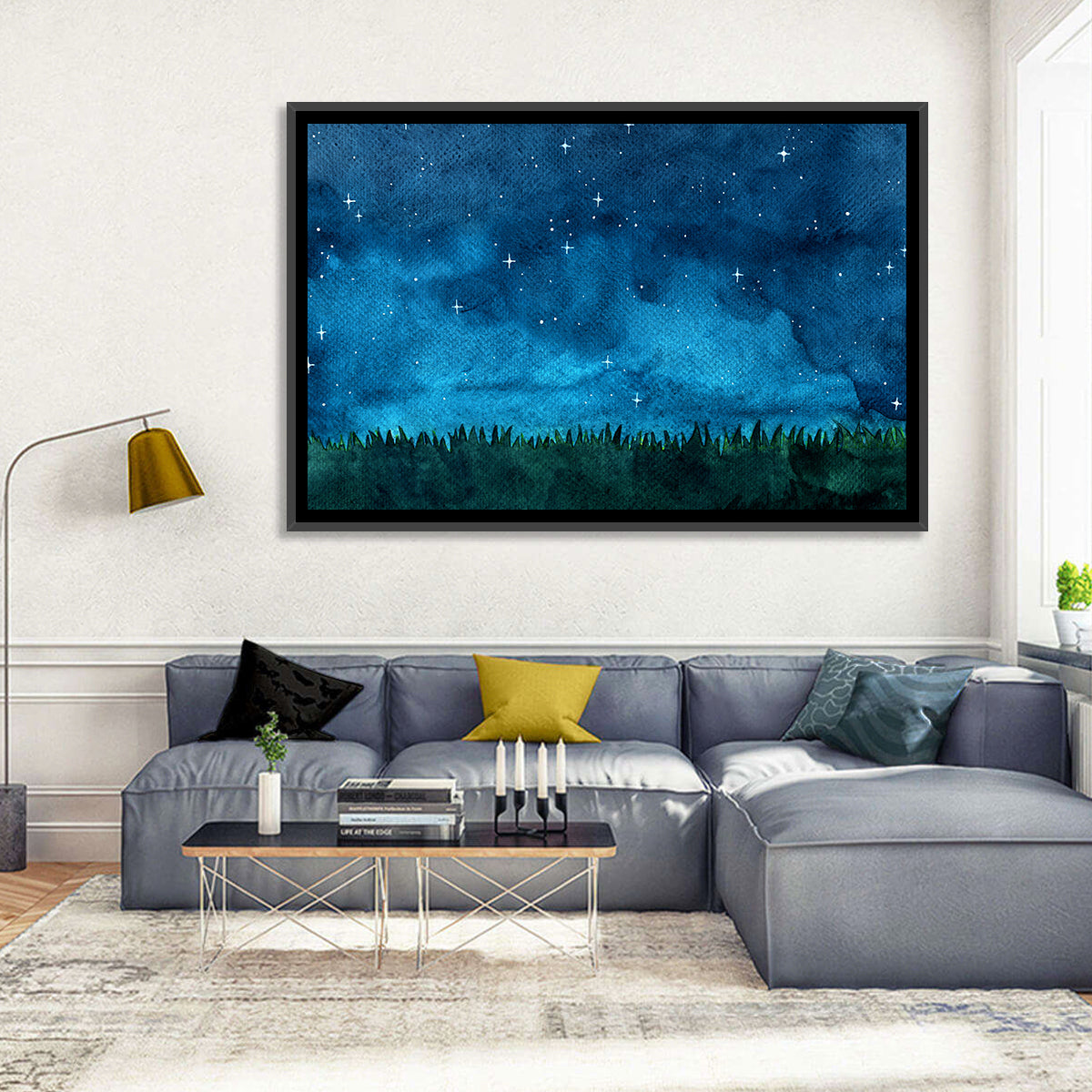 Starry Meadow Nightscape Wall Art in a room, landscape