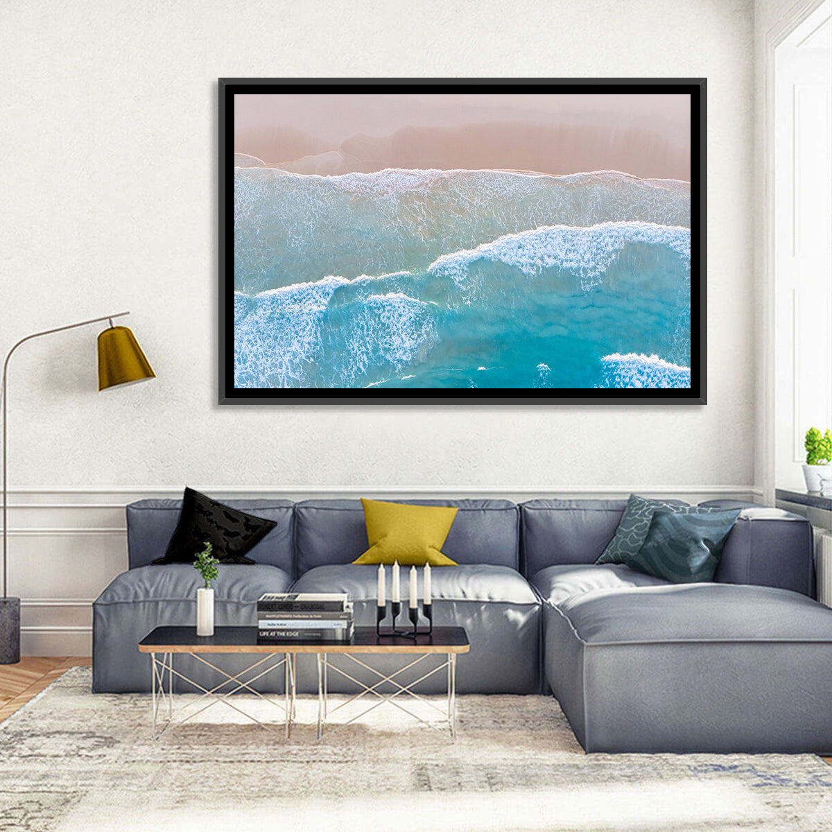 Turquoise Shoreline Aerial View Wall Art in a room, landscape