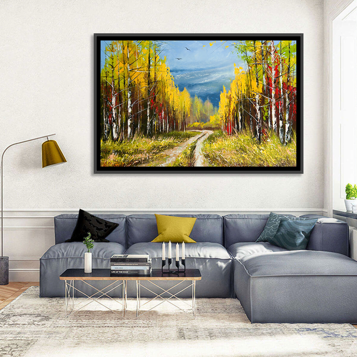 Autumn Birch Path with Two Birds Wall Art in a room, landscape
