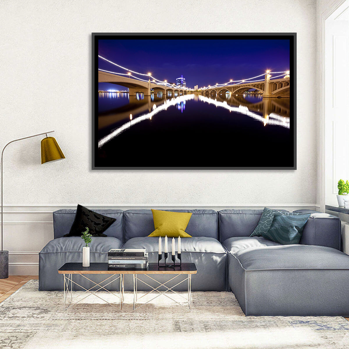 Mill Avenue Bridge Night Reflections Wall Art in a room, landscape