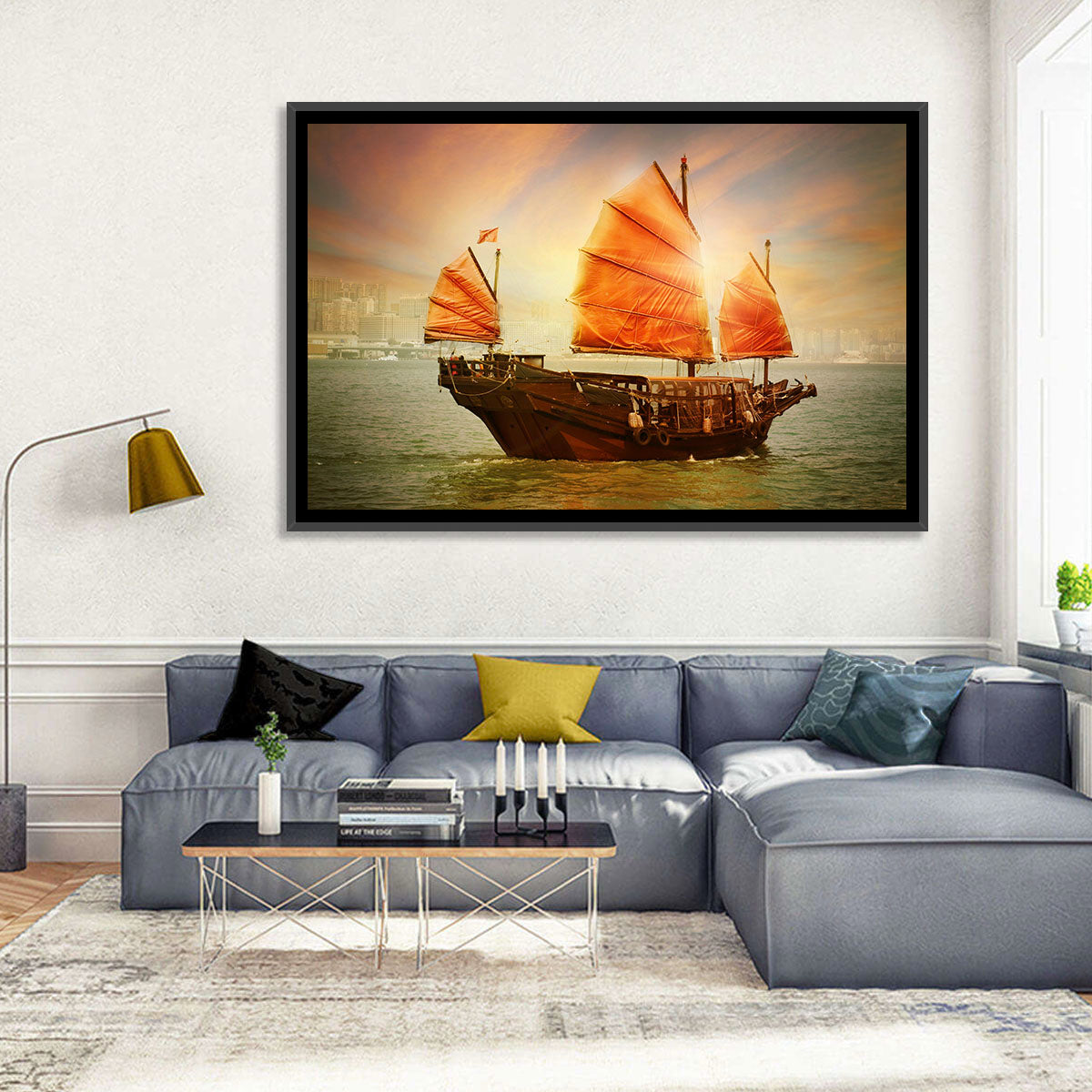 Red Sailed Junk at Victoria Harbour Wall Art in a room, landscape