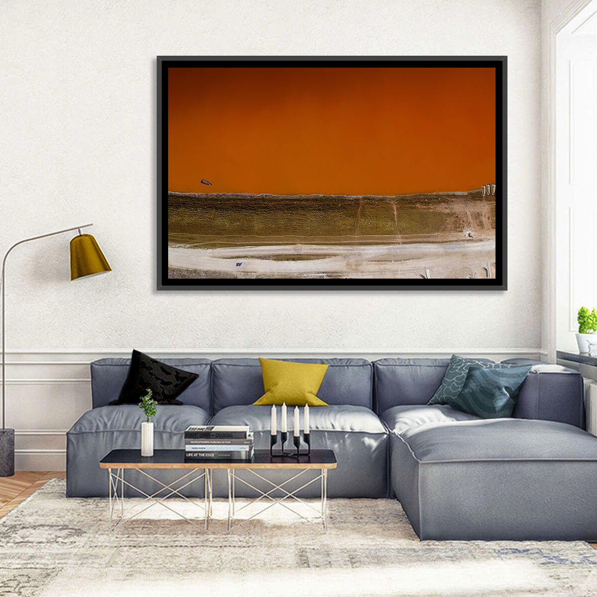 Lake Retba Aerial View Wall Art in a room, landscape