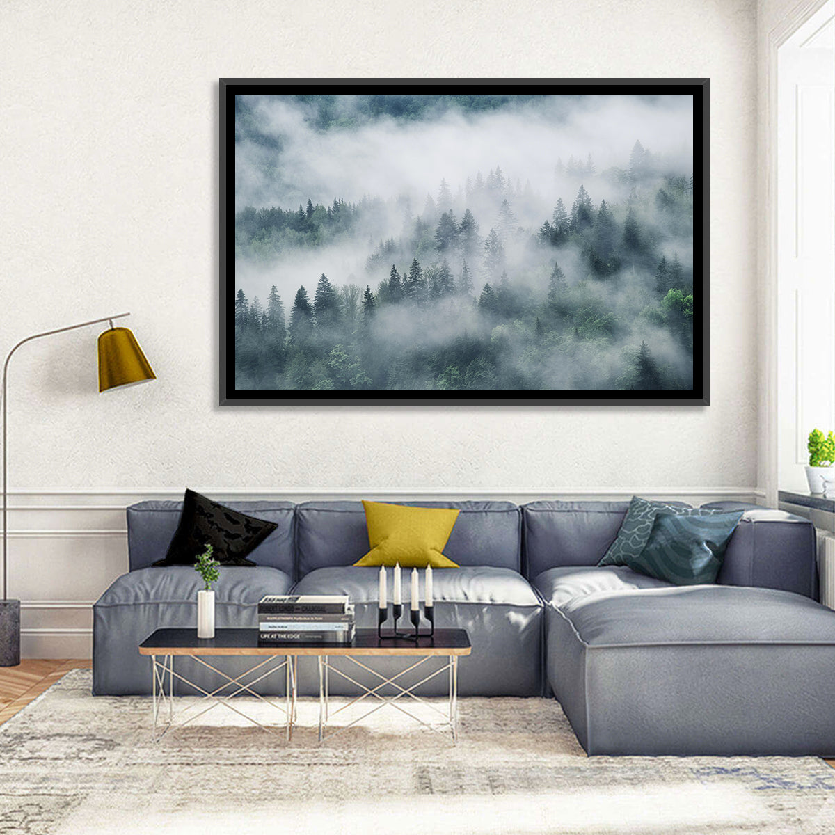 Misty Mountain Forest Wall Art in a room, landscape