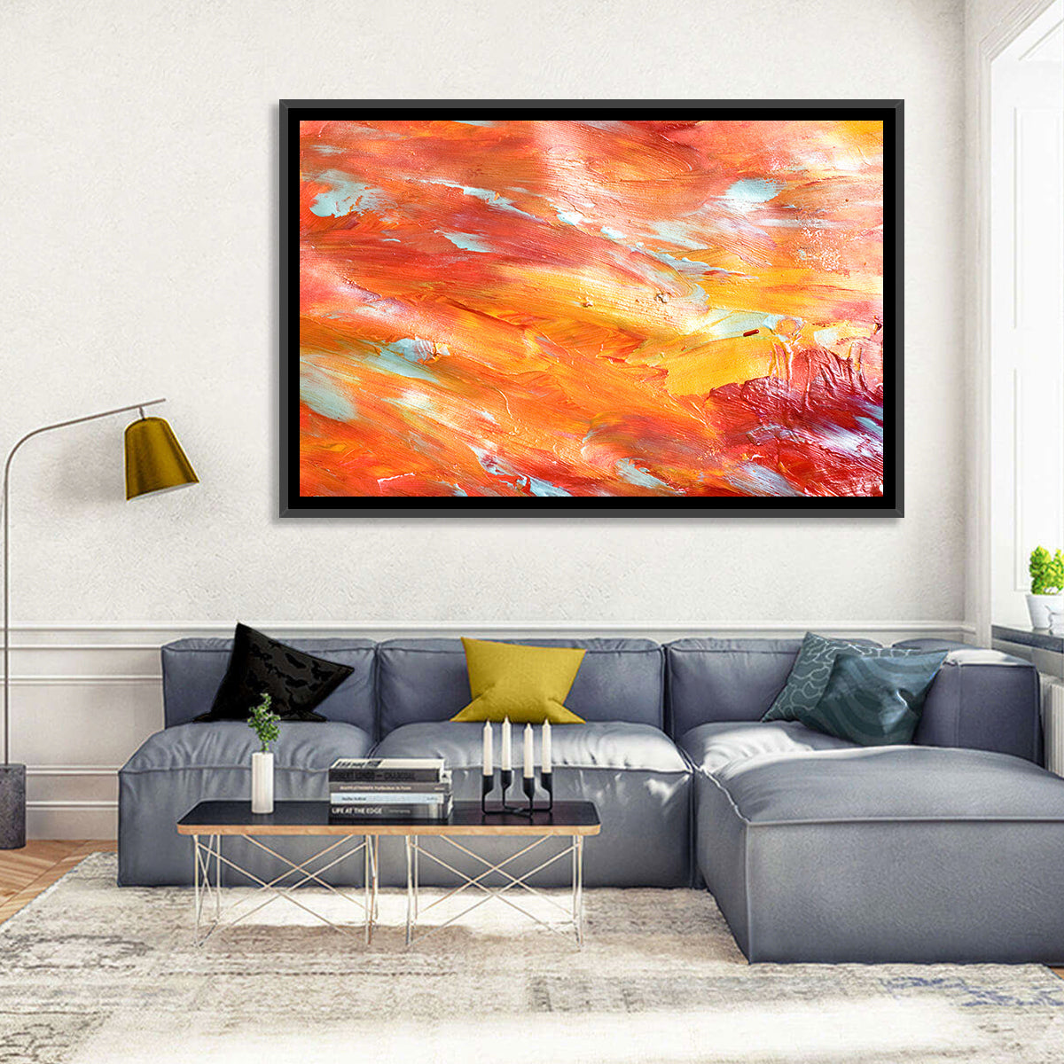 Sunfire Impasto Abstract Wall Art in a room, landscape