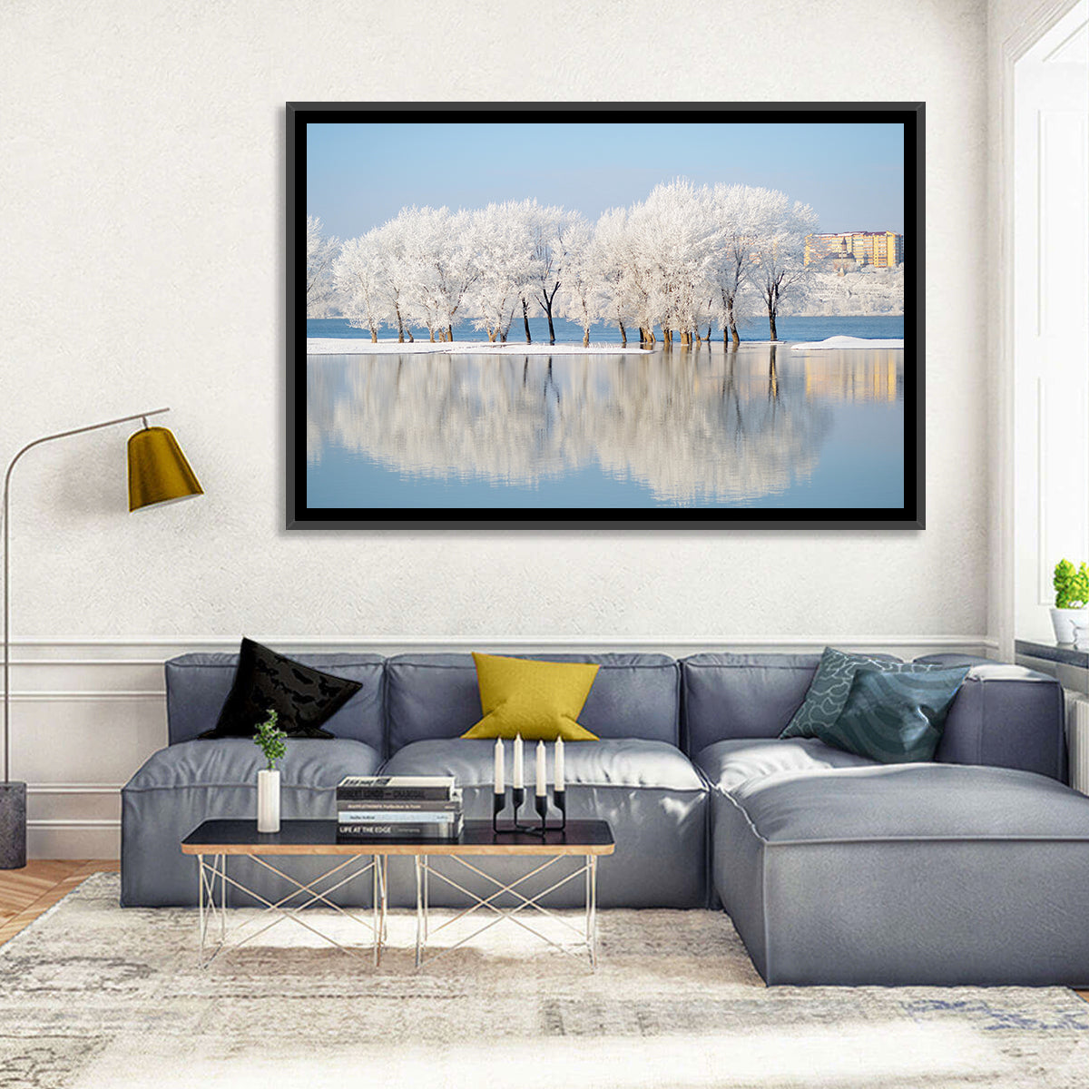 Winter Lake Reflection Wall Art in a room, landscape