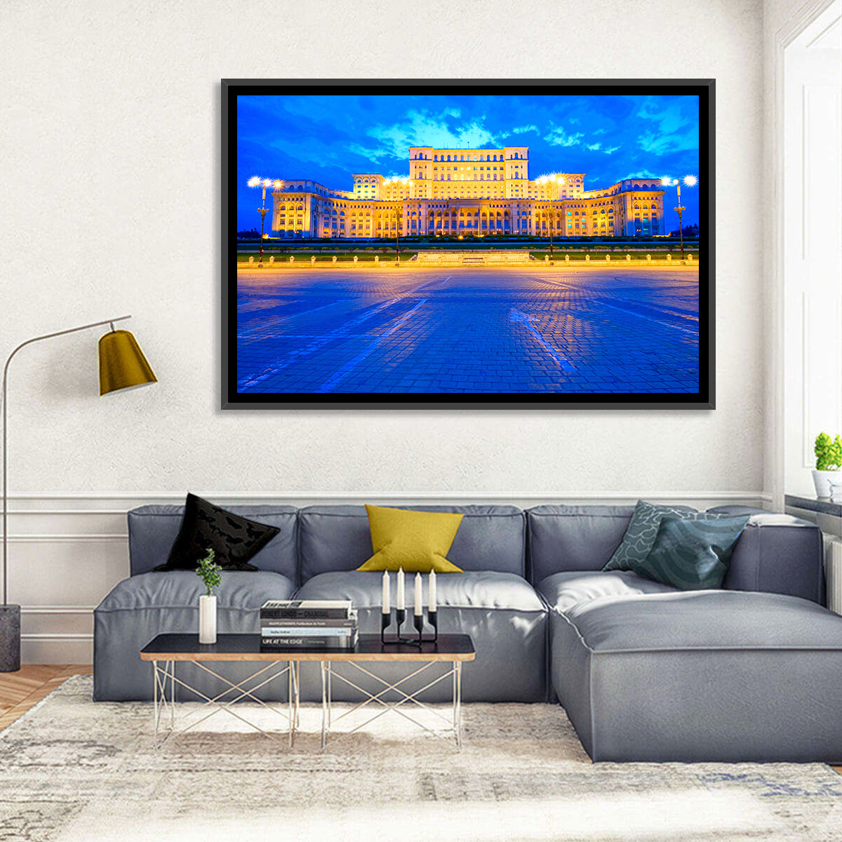 Palace of the Parliament at Twilight Wall Art in a room, landscape