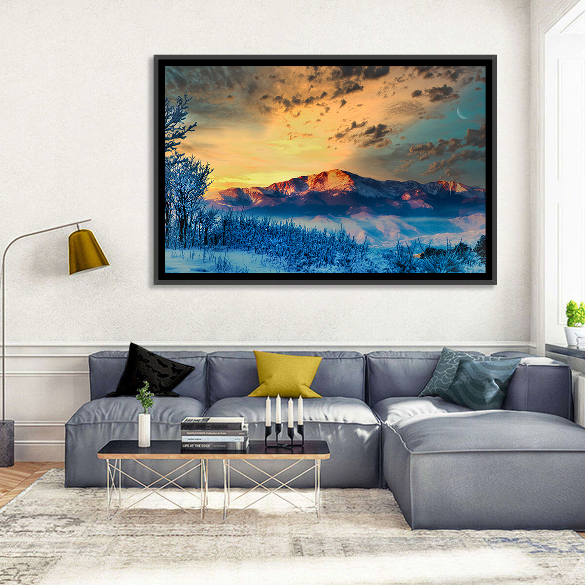 Pikes Peak Golden Sunset Wall Art in a room, landscape