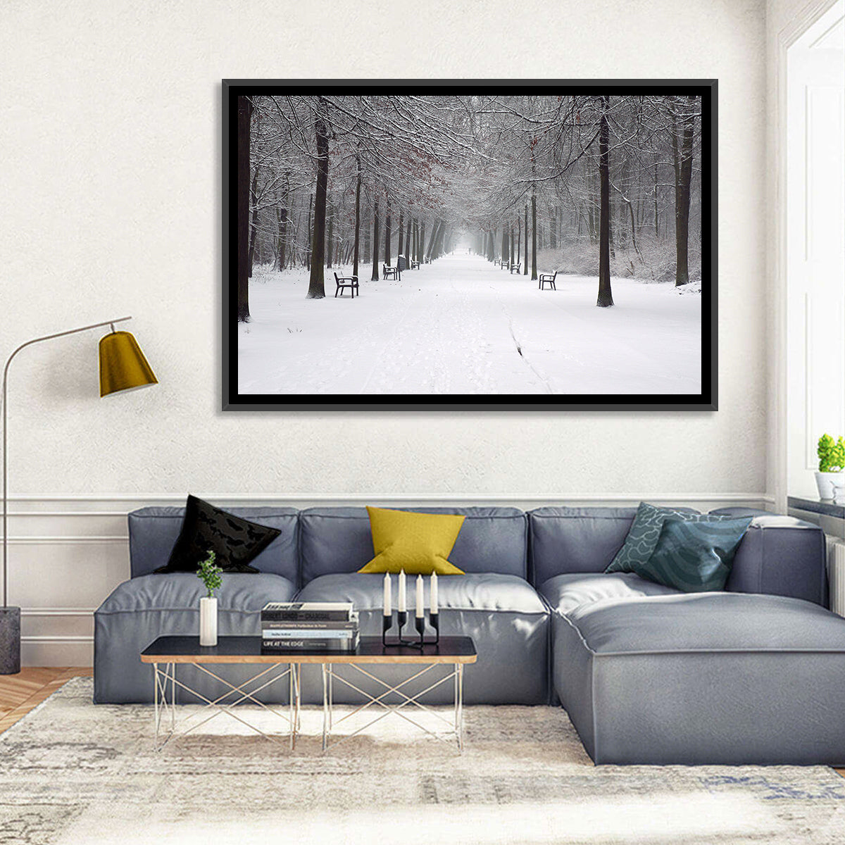 Snow Covered Park Lane Wall Art in a room, landscape