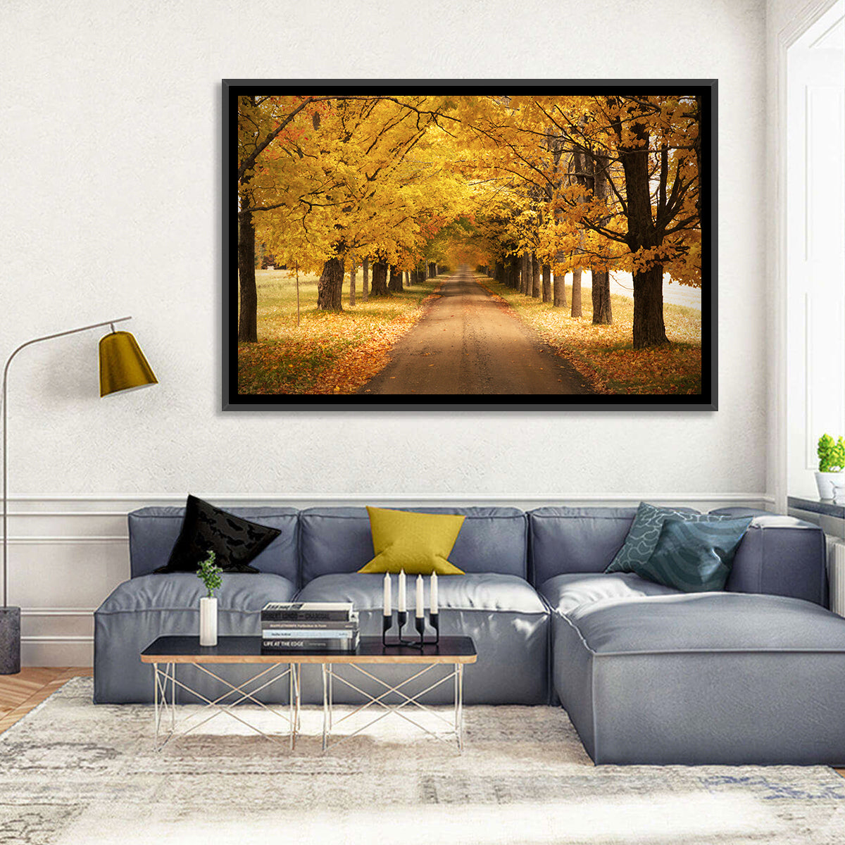 Golden Autumn Road Wall Art in a room, landscape