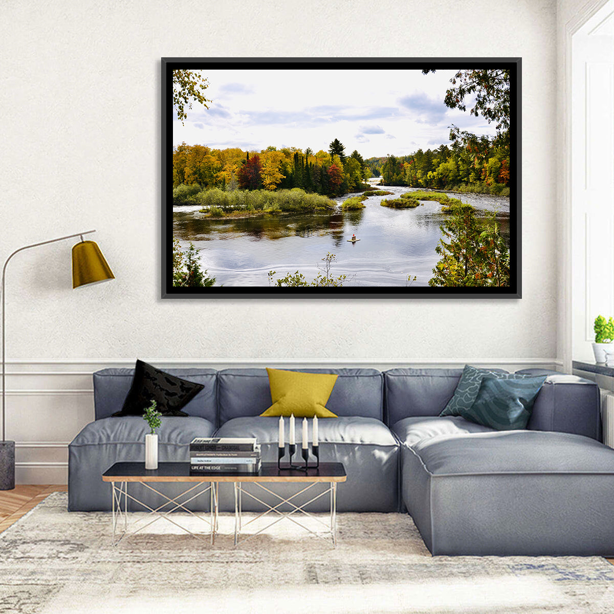 Tahquamenon River Autumn Scene Wall Art in a room, landscape