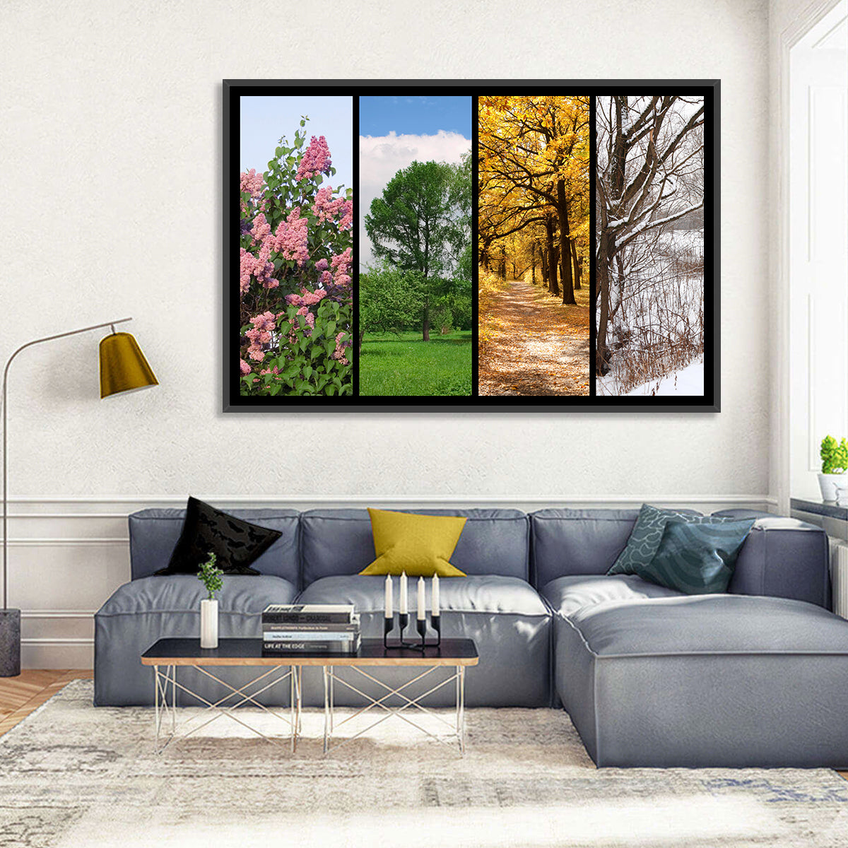 Four Seasons Tree Collage Wall Art in a room, landscape