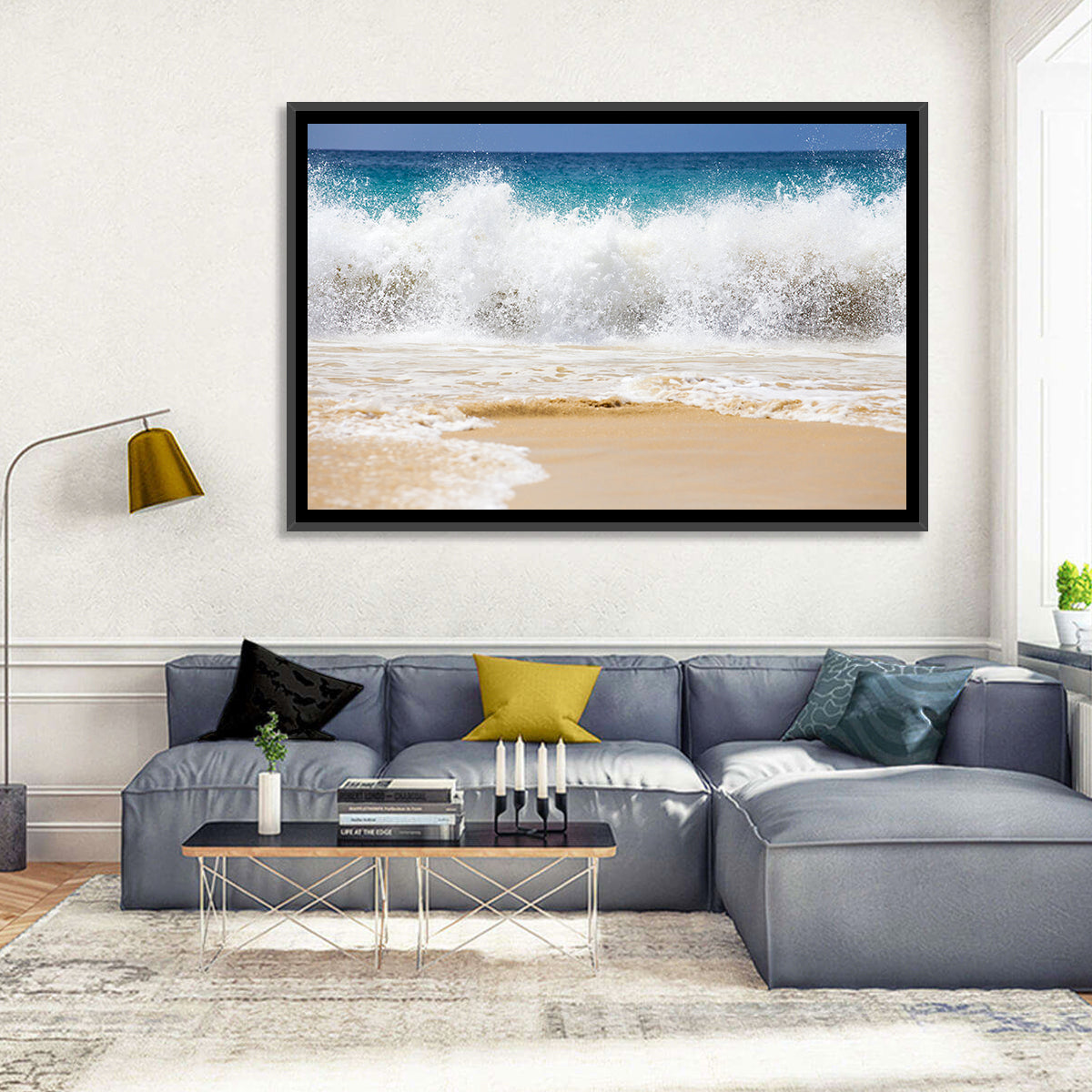 Breaking Wave Over Wet Sand Wall Art in a room, landscape