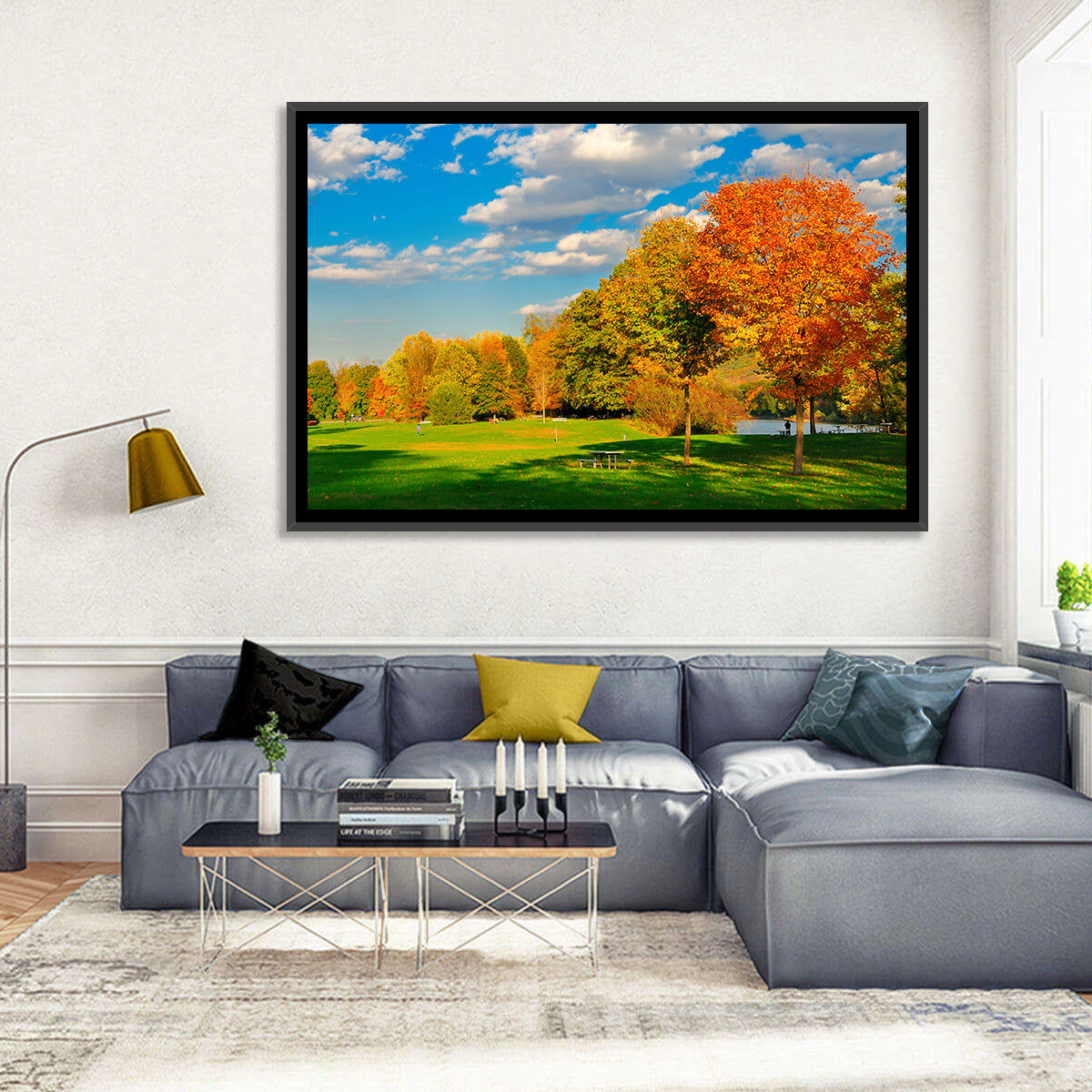 Autumn Trees and Lakeside Lawn Wall Art in a room, landscape