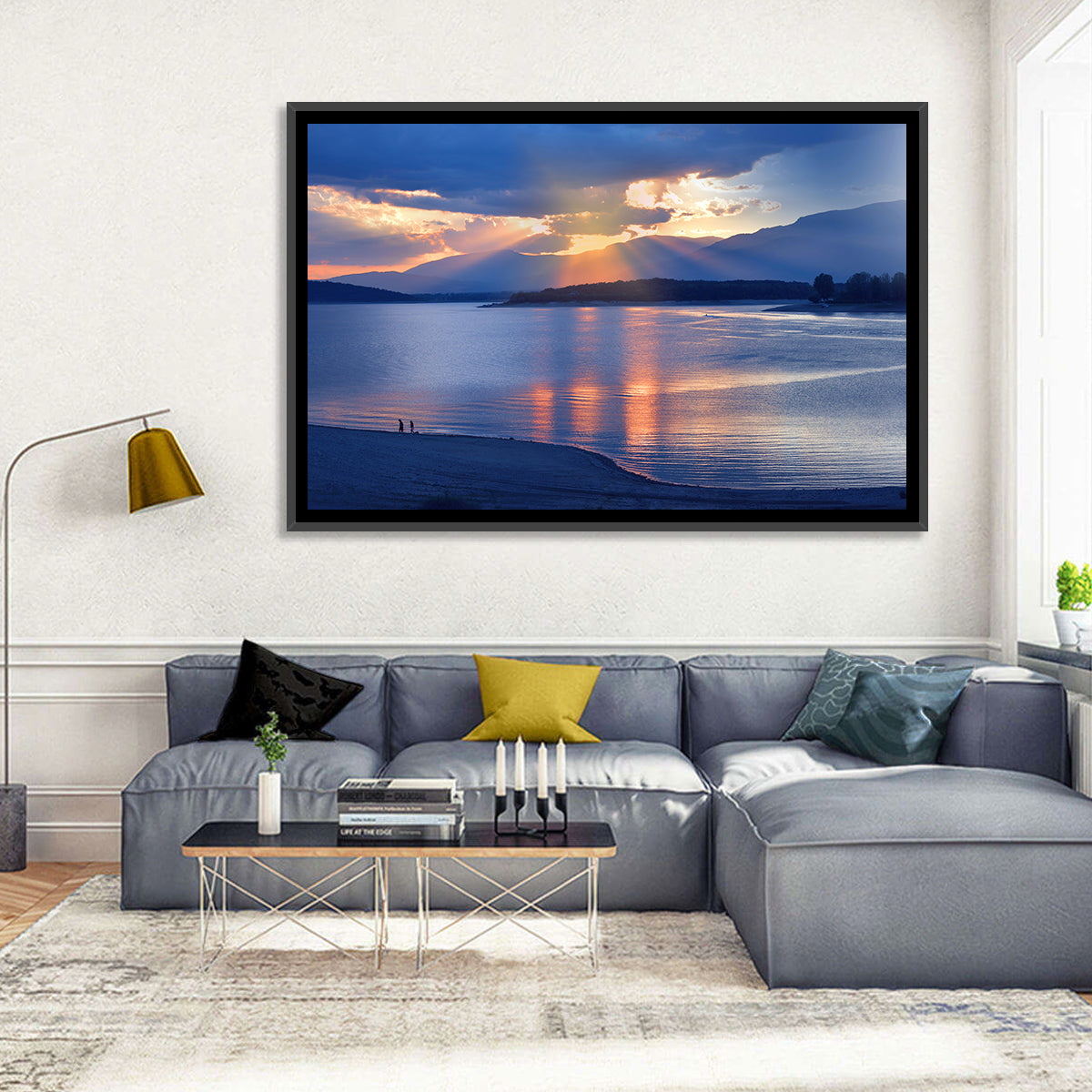 Lake Sunset with Silhouettes Wall Art in a room, landscape