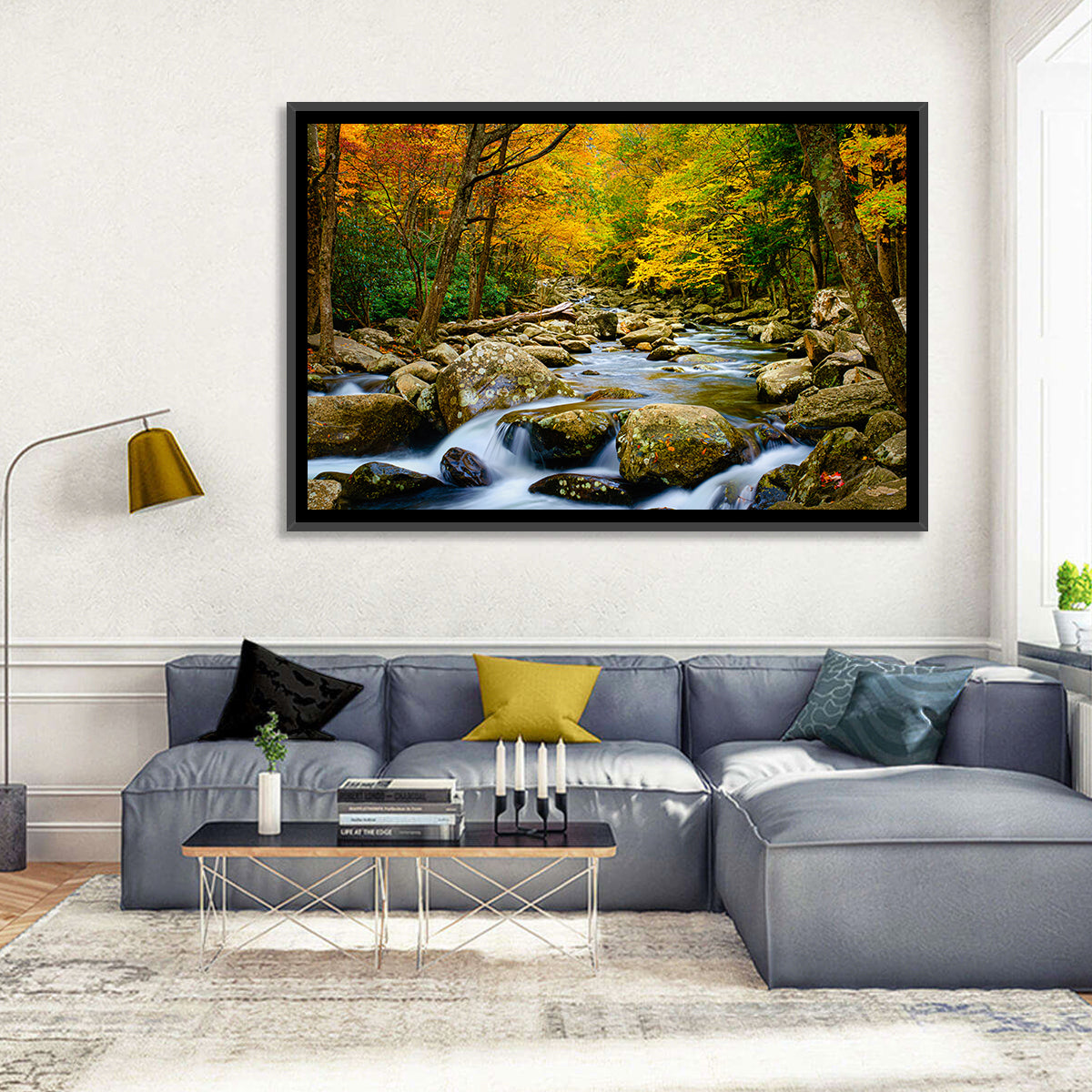 Autumn Stream Through Forest Wall Art in a room, landscape