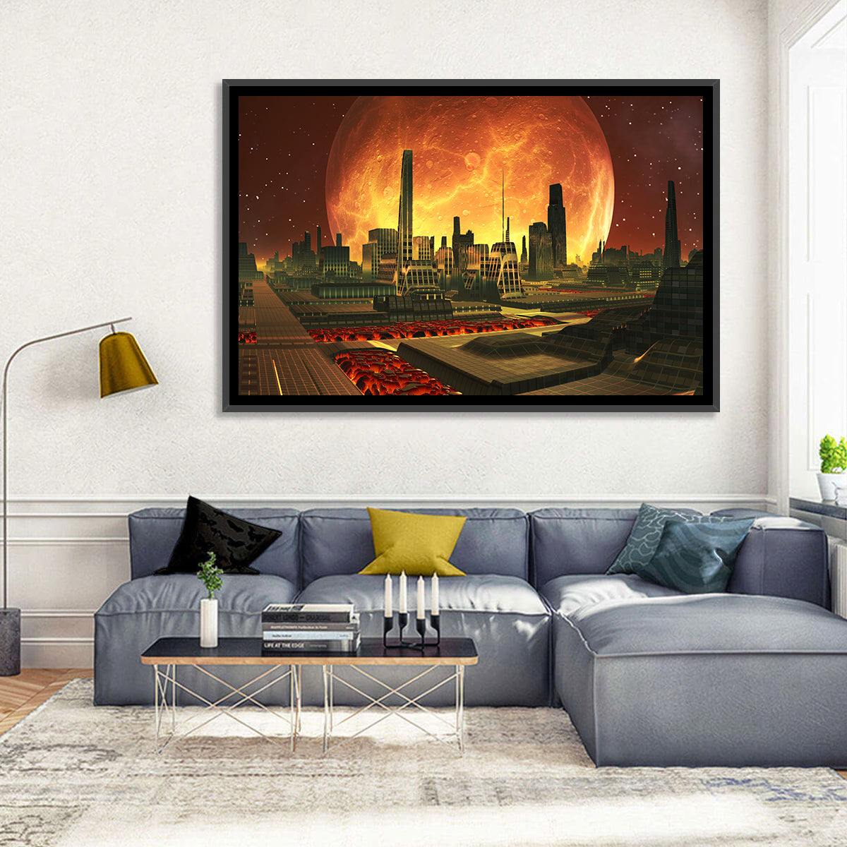 Molten Lunar Cityscape Wall Art in a room, landscape