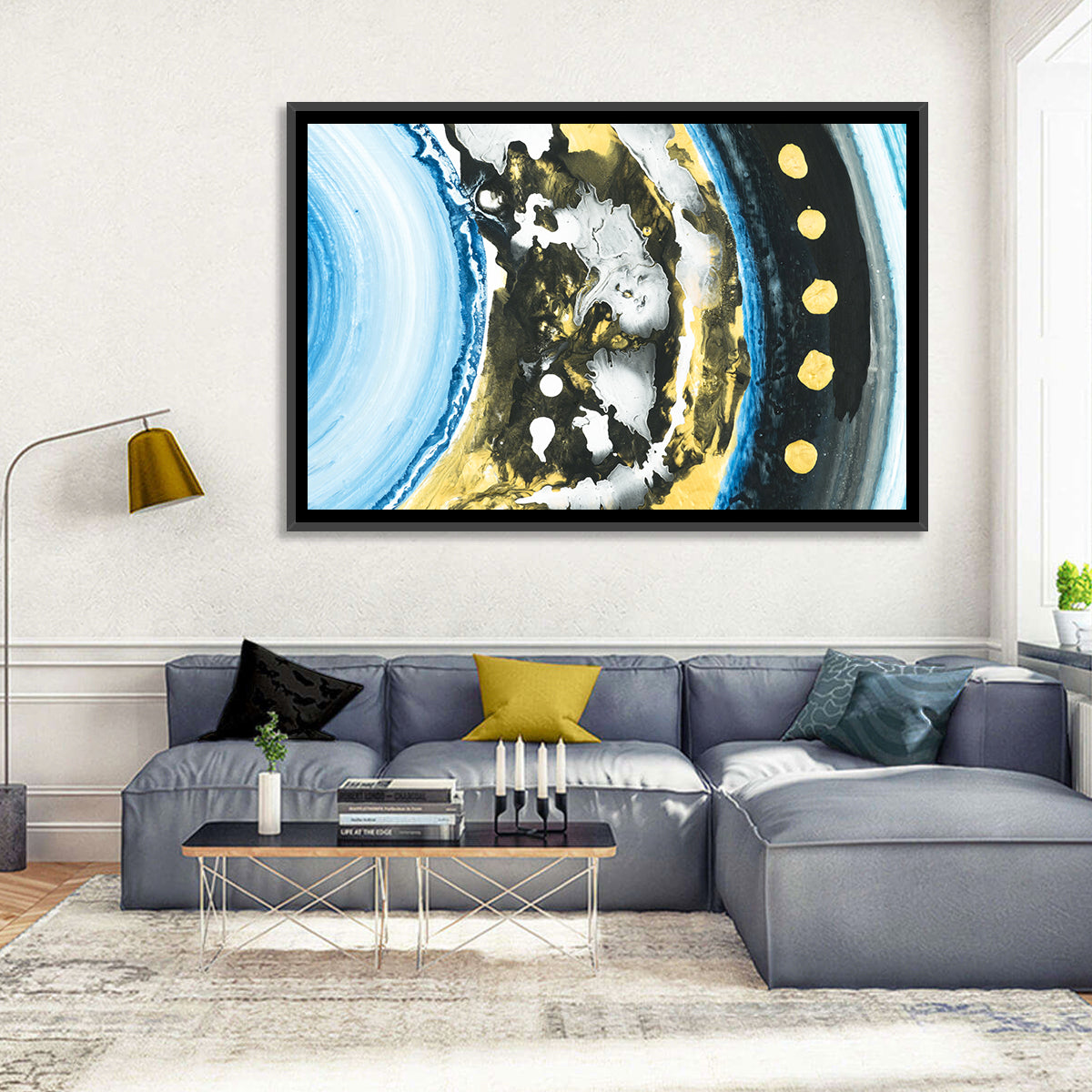 Planet Rings in Blue and Gold Wall Art in a room, landscape