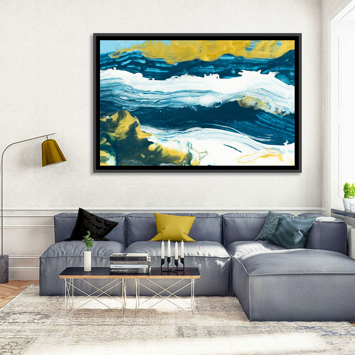 Flowing Streams with Gold Accents Wall Art in a room, landscape