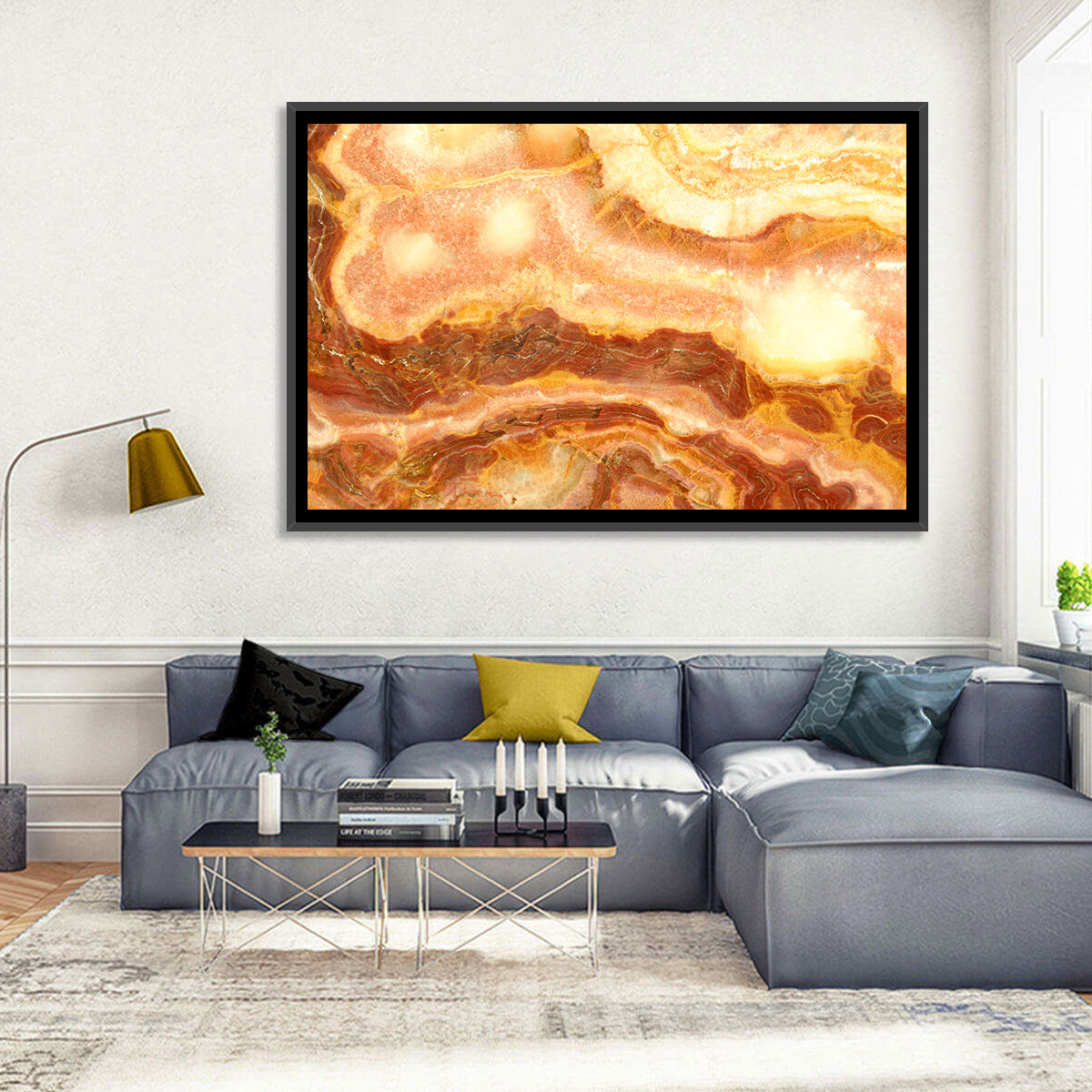 Golden Agate Stone Abstract Wall Art in a room, landscape