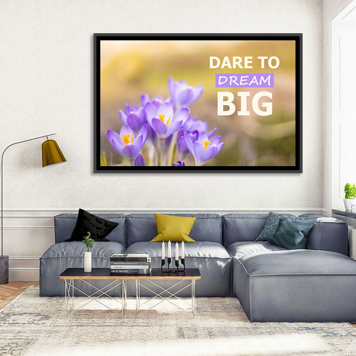 Dare to Dream Big, Purple Crocus Wall Art in a room, landscape
