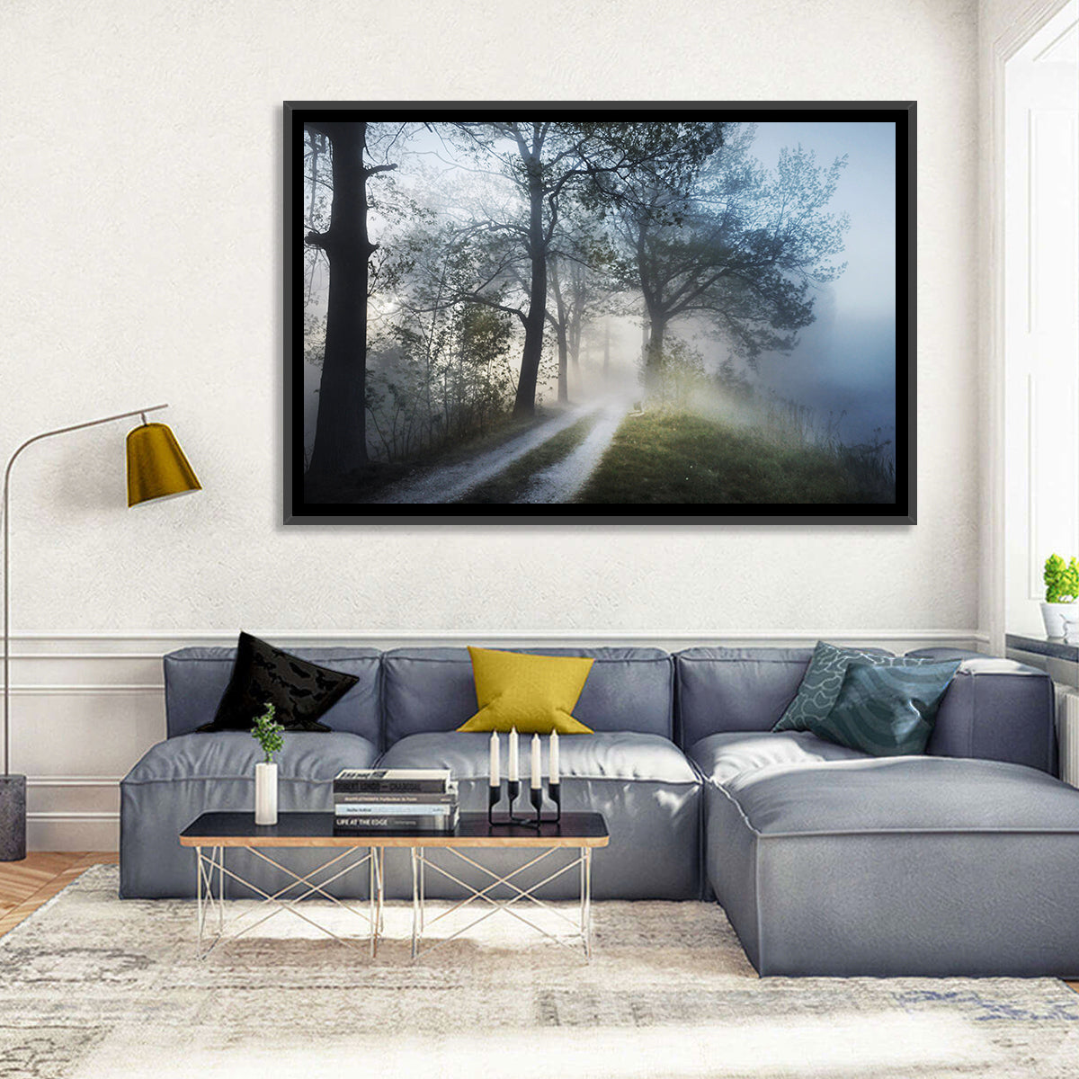 Foggy Forest Path Wall Art in a room, landscape