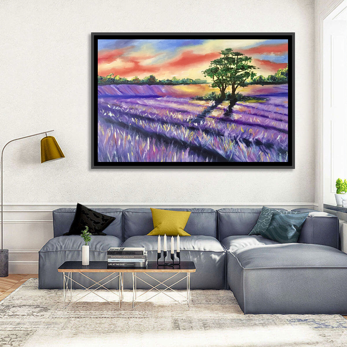Lavender Field at Sunset Wall Art in a room, landscape
