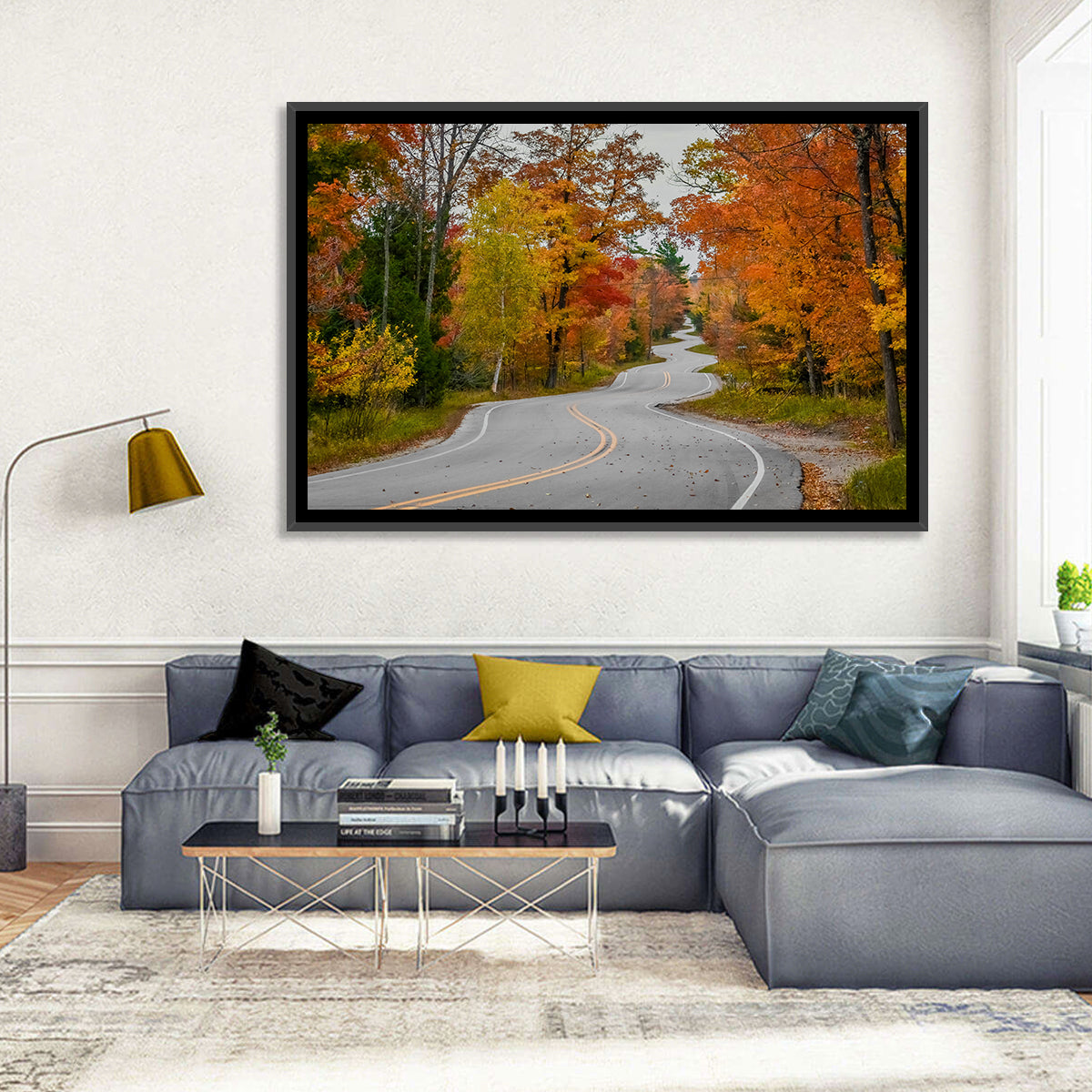 Winding Autumn Highway Wall Art in a room, landscape