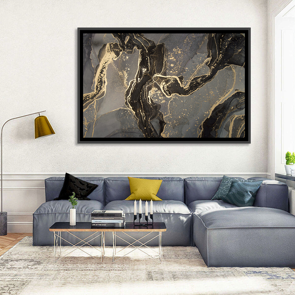 Black and Gold Marbled Abstract Wall Art in a room, landscape