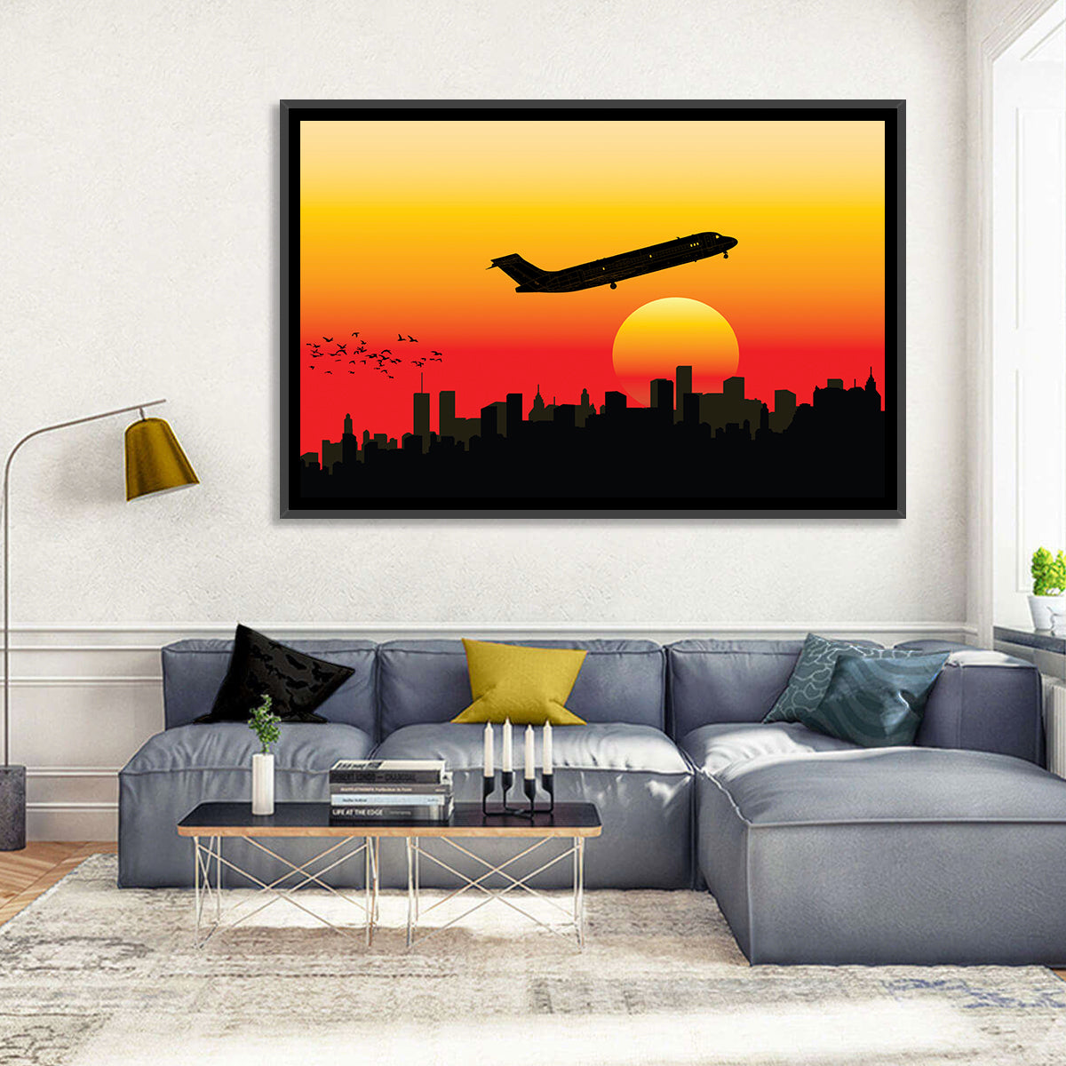 Airplane Over Sunset Skyline Wall Art in a room, landscape