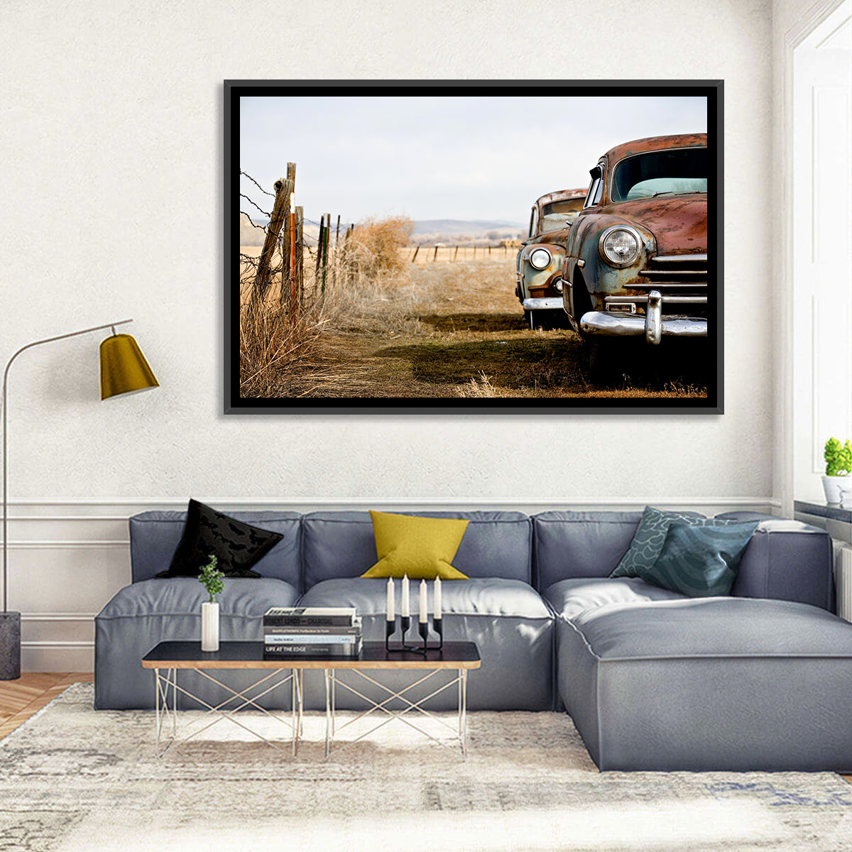 Abandoned Rusty Vintage Cars Behind Barbed Wire Wall Art