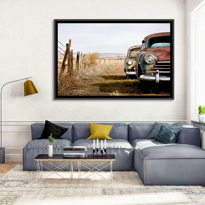 Abandoned Rusty Vintage Cars Behind Barbed Wire Wall Art