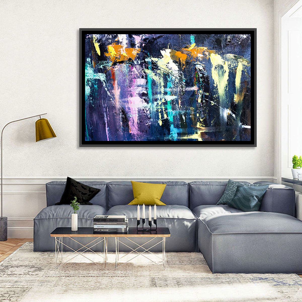 Impasto Waterfall in Blue and Purple Wall Art in a room, landscape