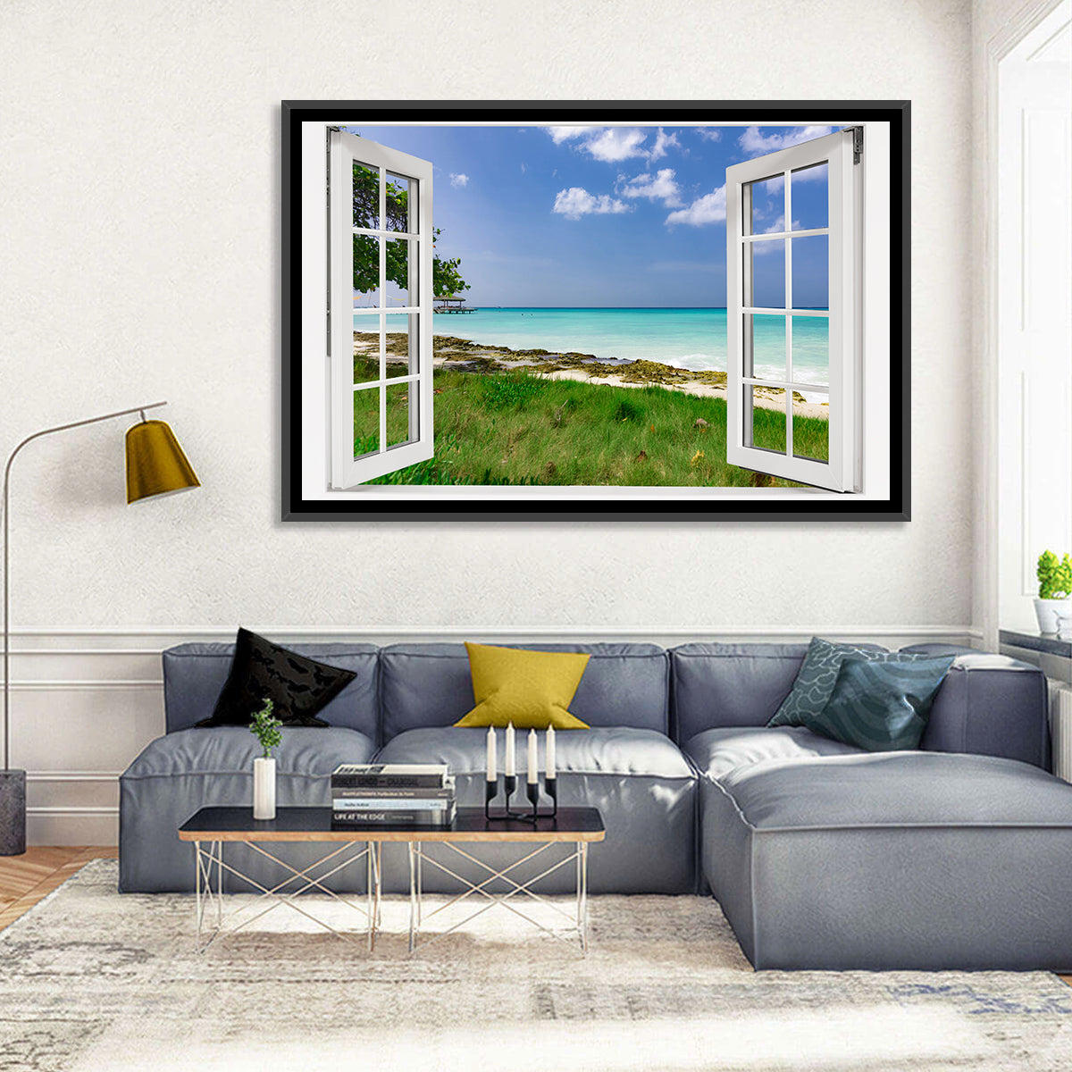 Gazebo on Pier Over Turquoise Ocean Wall Art in a room, landscape