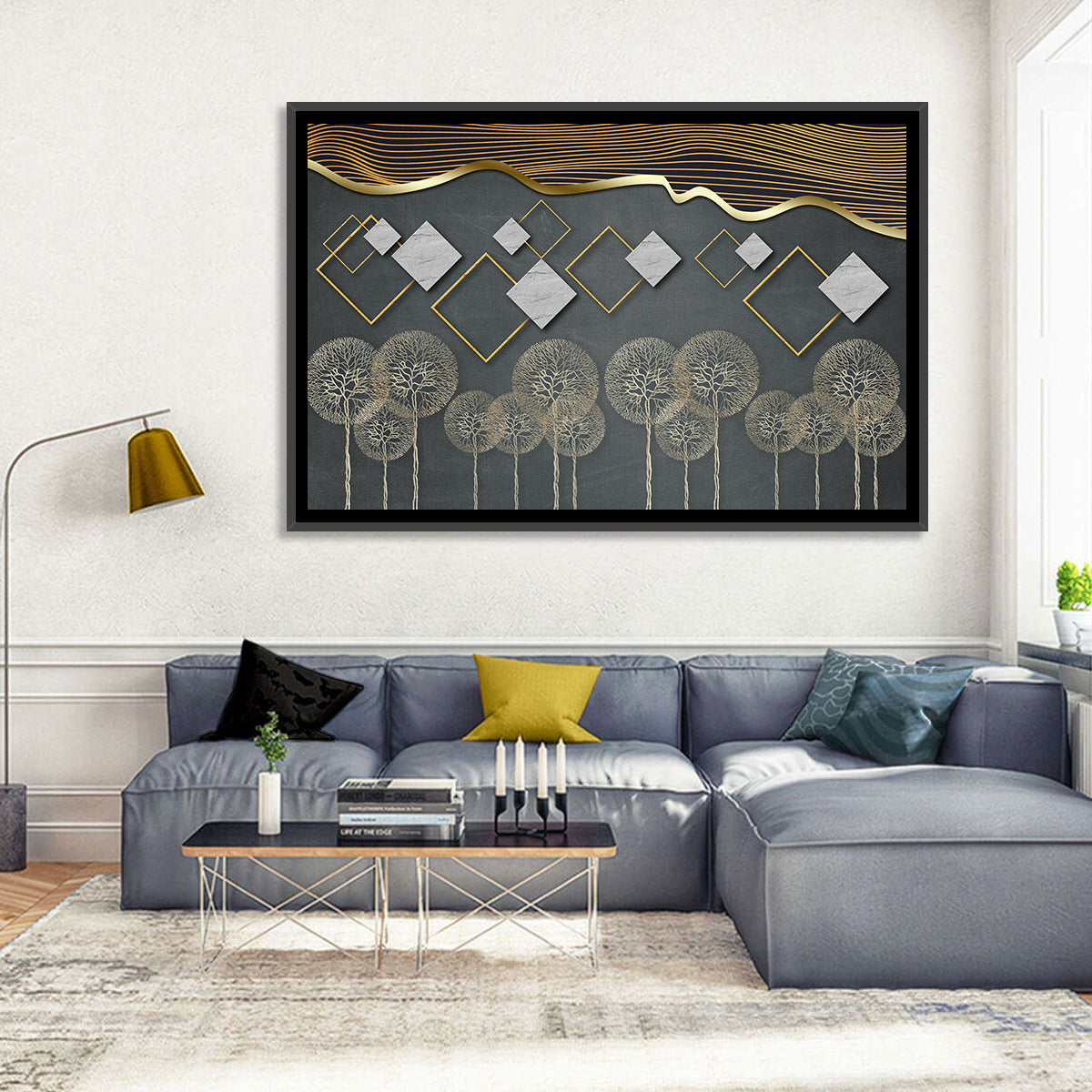 Gray and Gold Dandelion Wall Art in a room, landscape