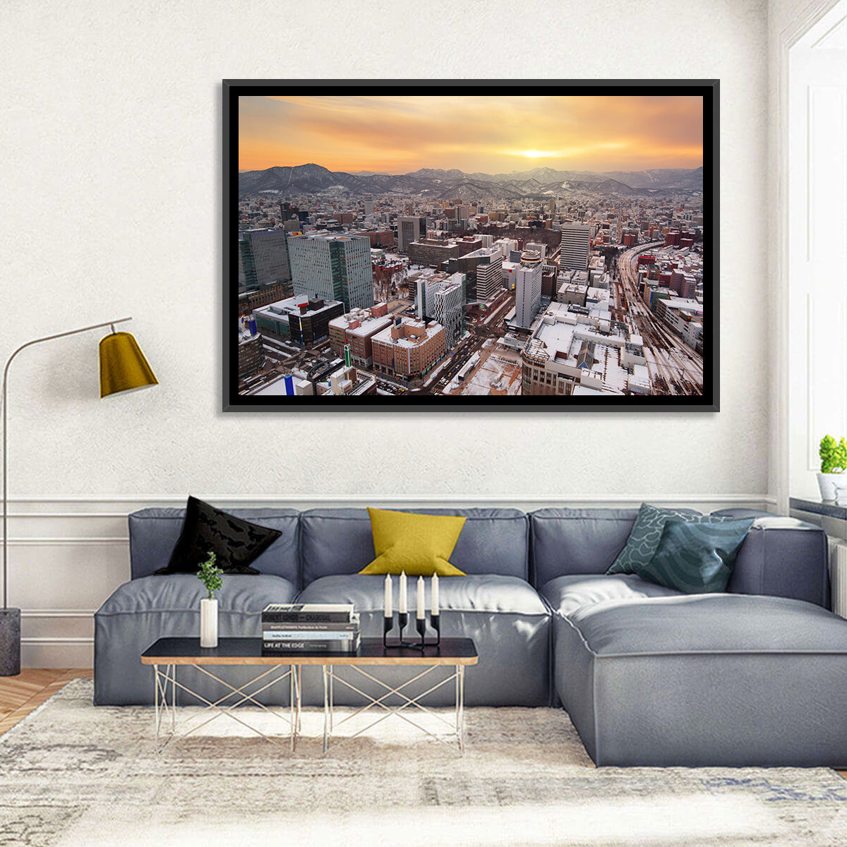 Sapporo Station Skyline at Golden Hour Wall Art in a room, landscape