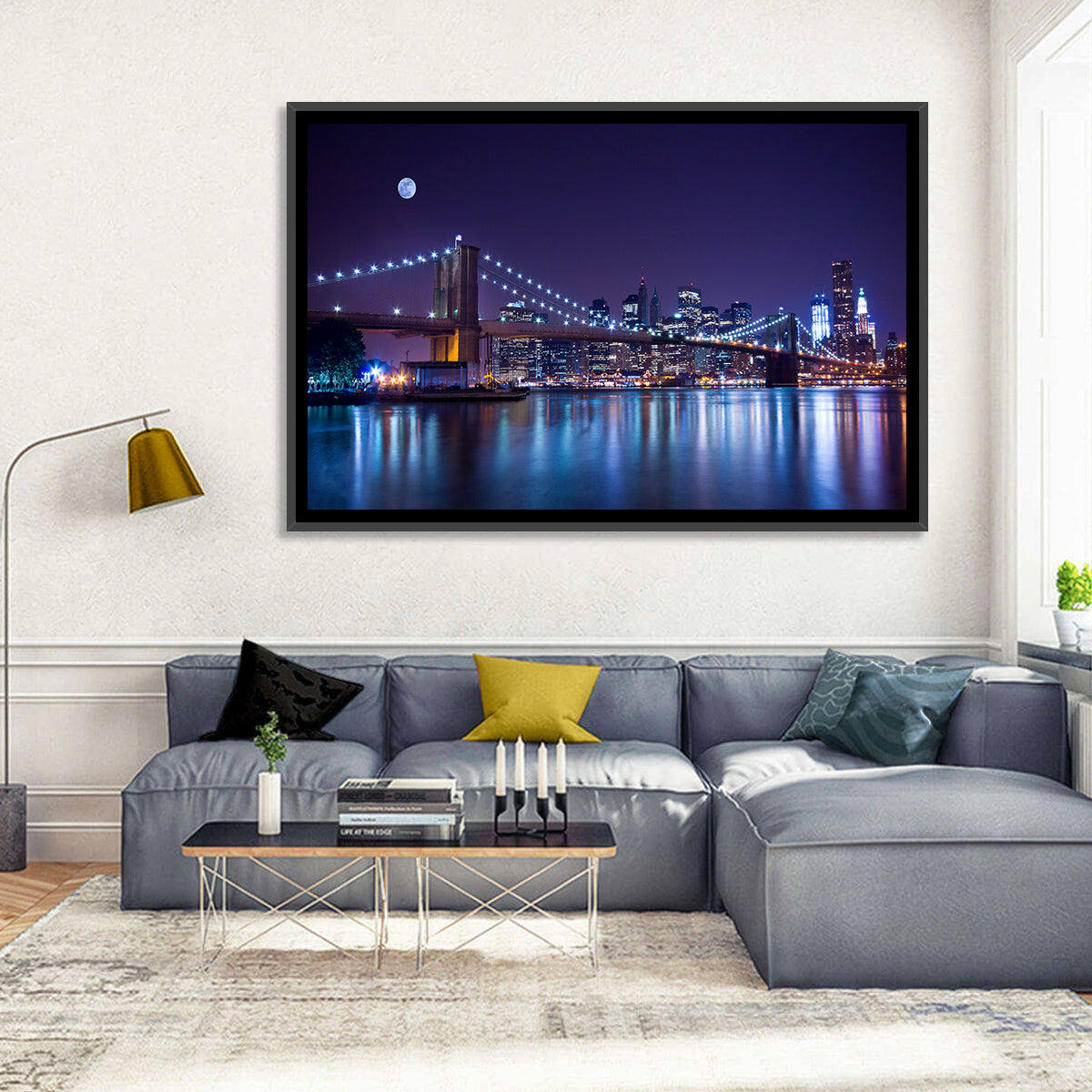 Brooklyn Bridge Moonlit Reflections Wall Art in a room, landscape