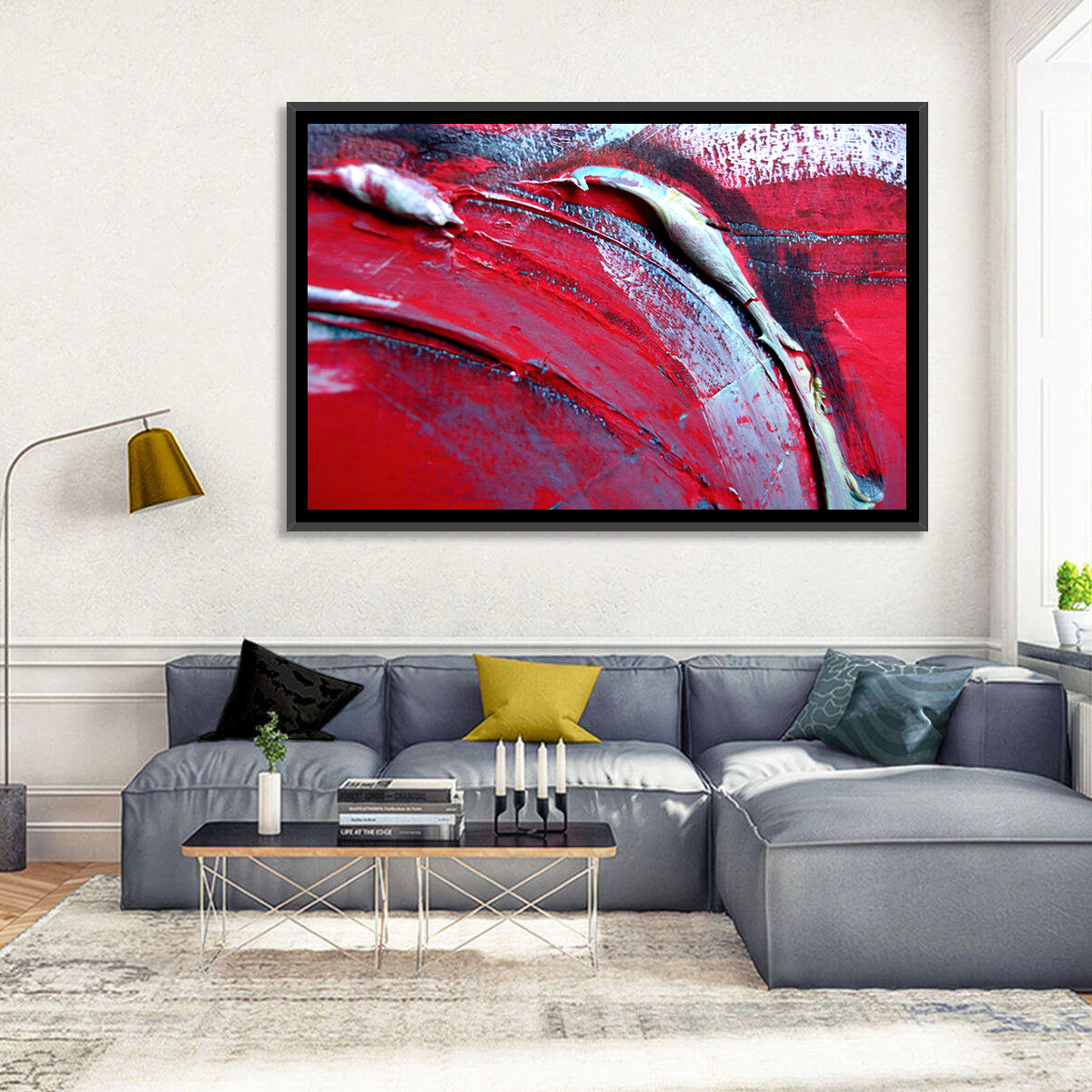 Crimson Impasto Motion Wall Art in a room, landscape
