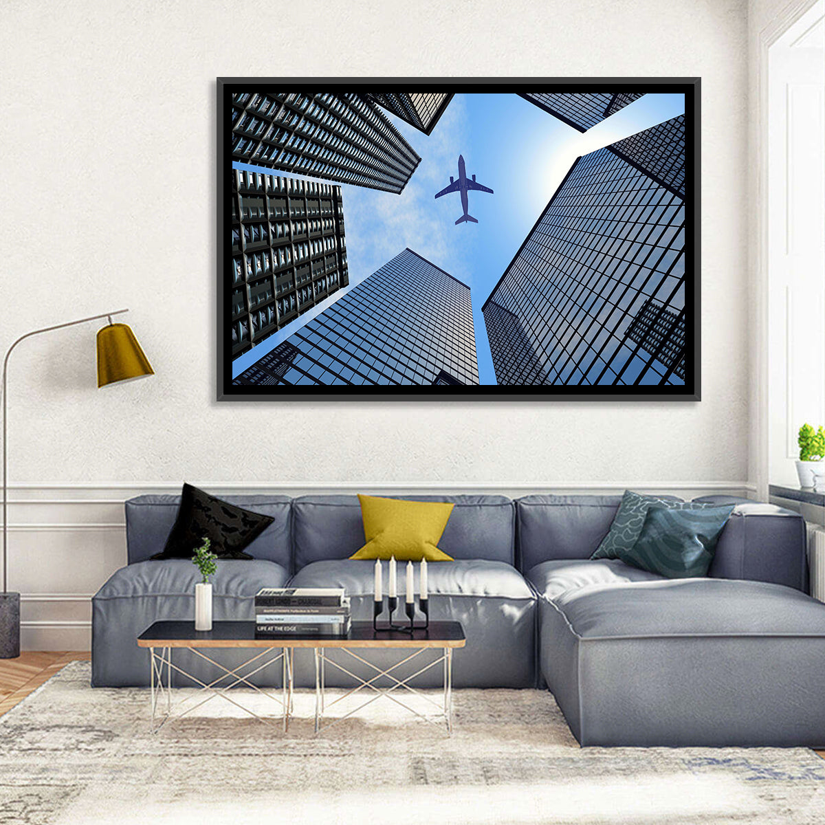 Airplane Above Skyscrapers Wall Art in a room, landscape