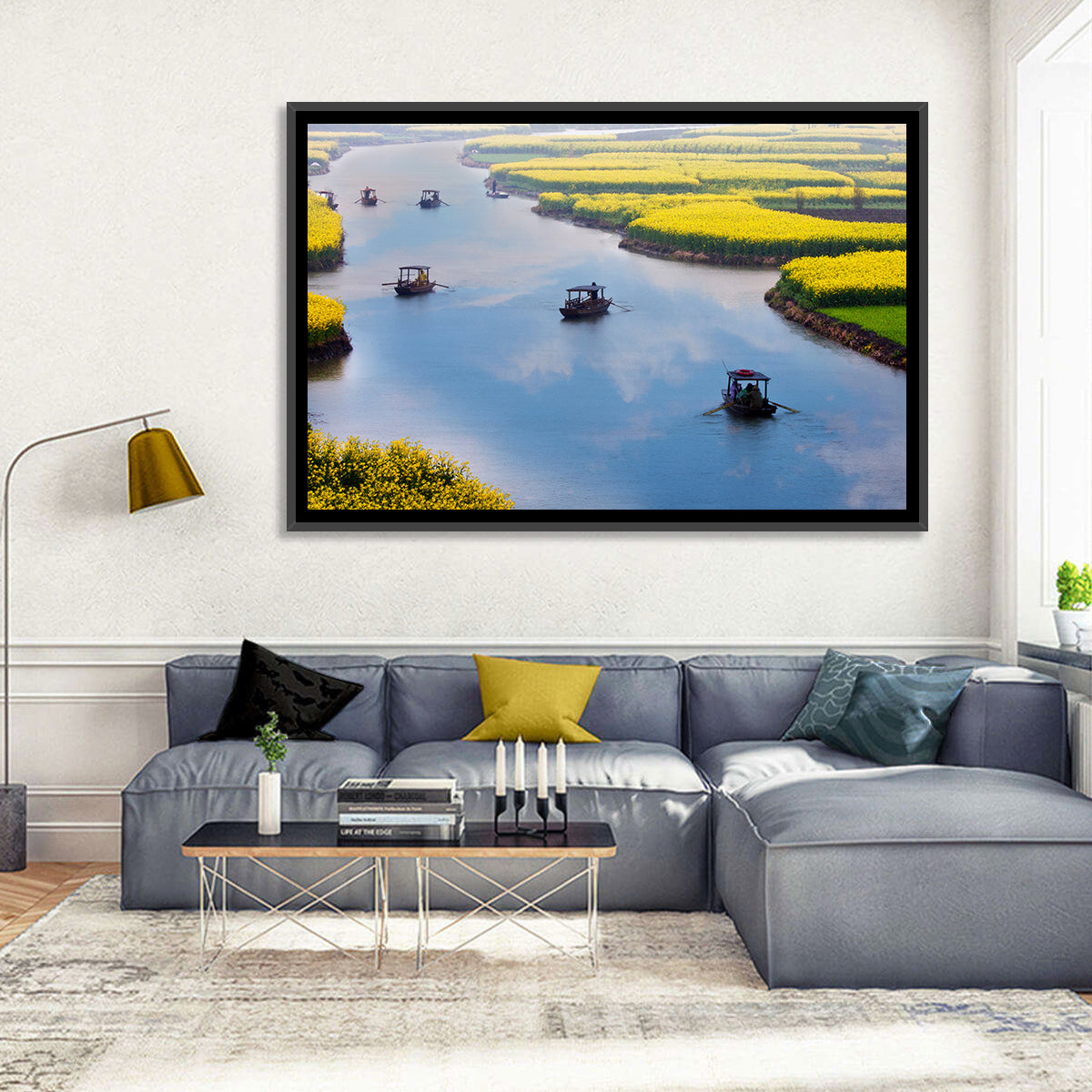 Spring River Rowboats in Rapeseed Fields Wall Art in a room, landscape