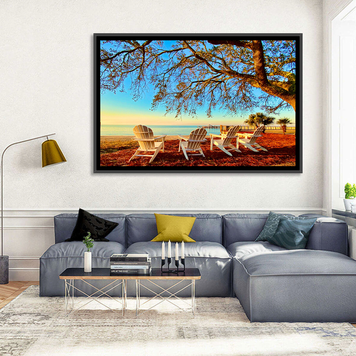 Mobile Bay Adirondack Chairs at Sunrise Wall Art in a room, landscape