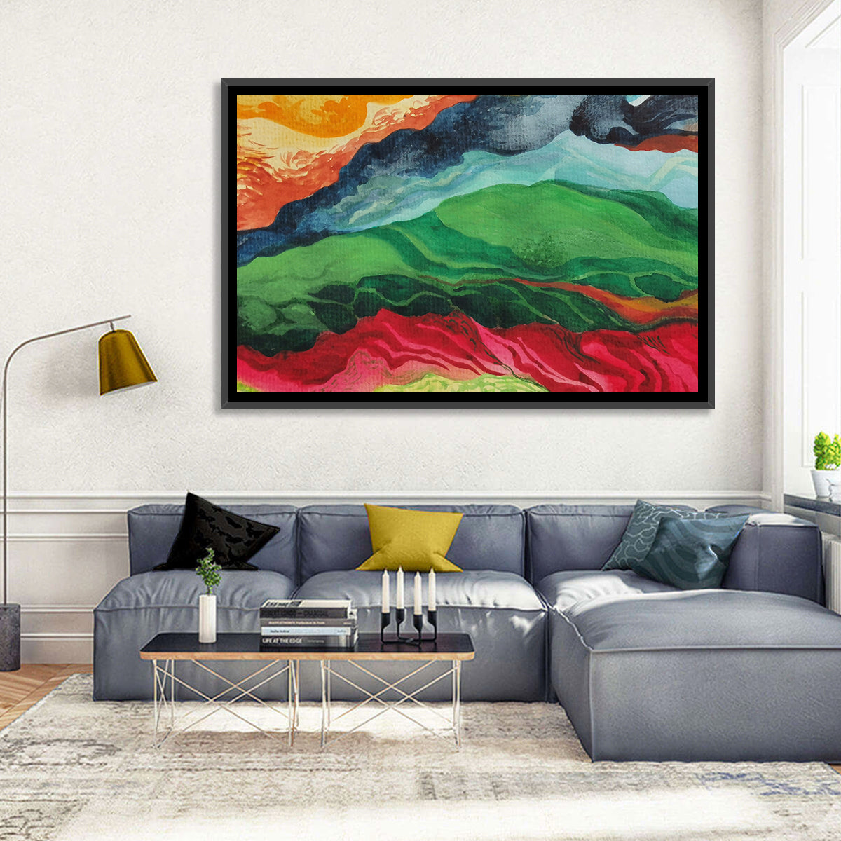 River Through Abstract Mountains Wall Art in a room, landscape