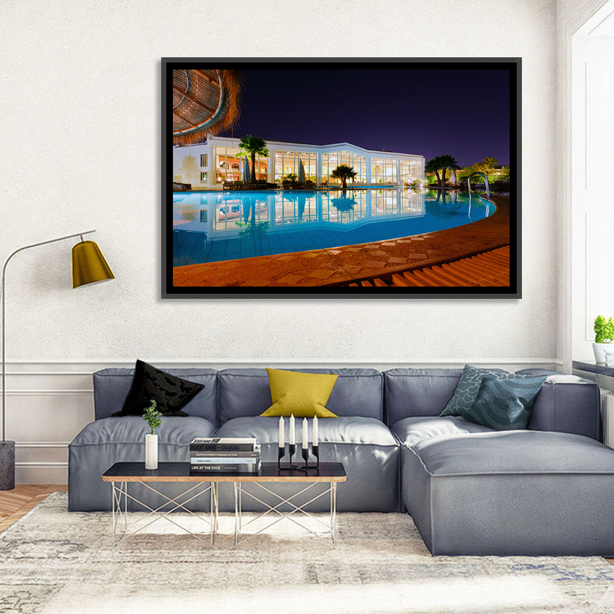 Moonlit Resort Pool Reflection Wall Art in a room, landscape