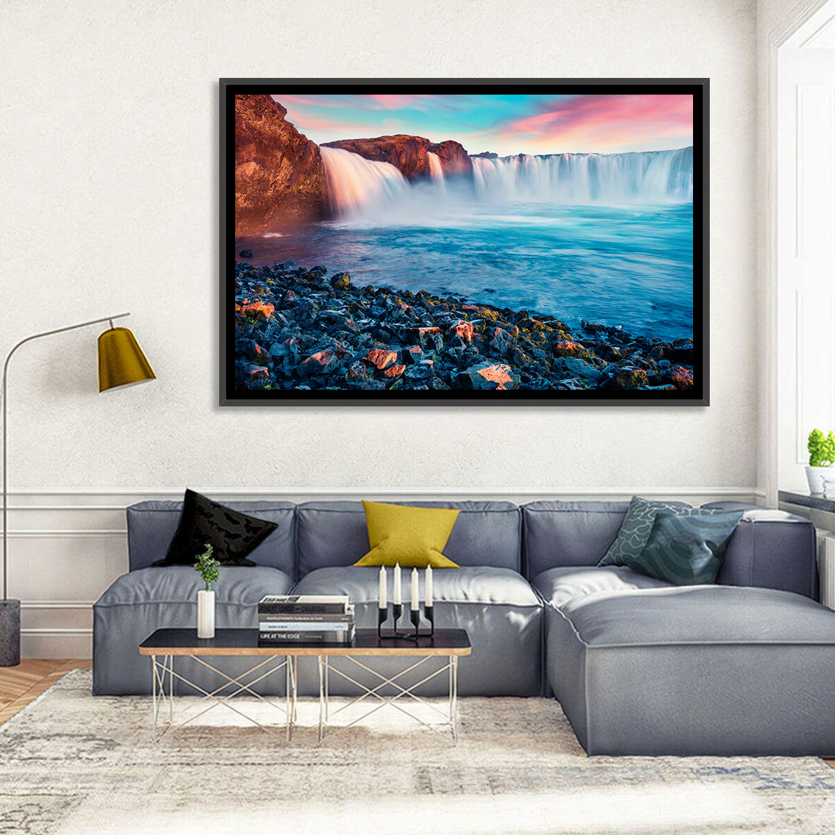 Goðafoss Waterfall at Sunset Wall Art in a room, landscape