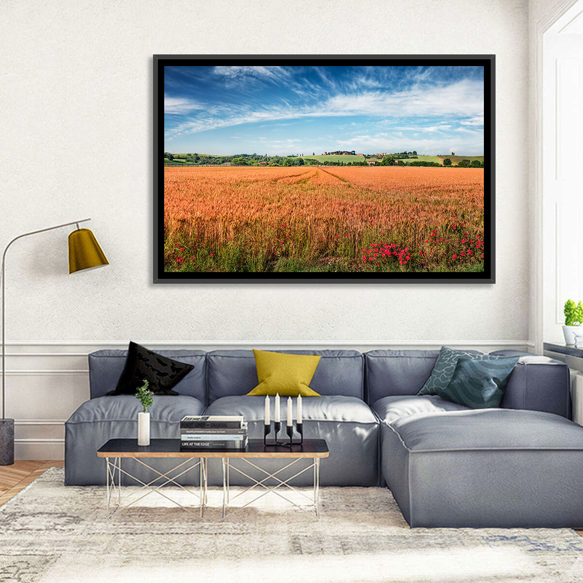 Golden Wheat Field with Poppies Wall Art in a room, landscape