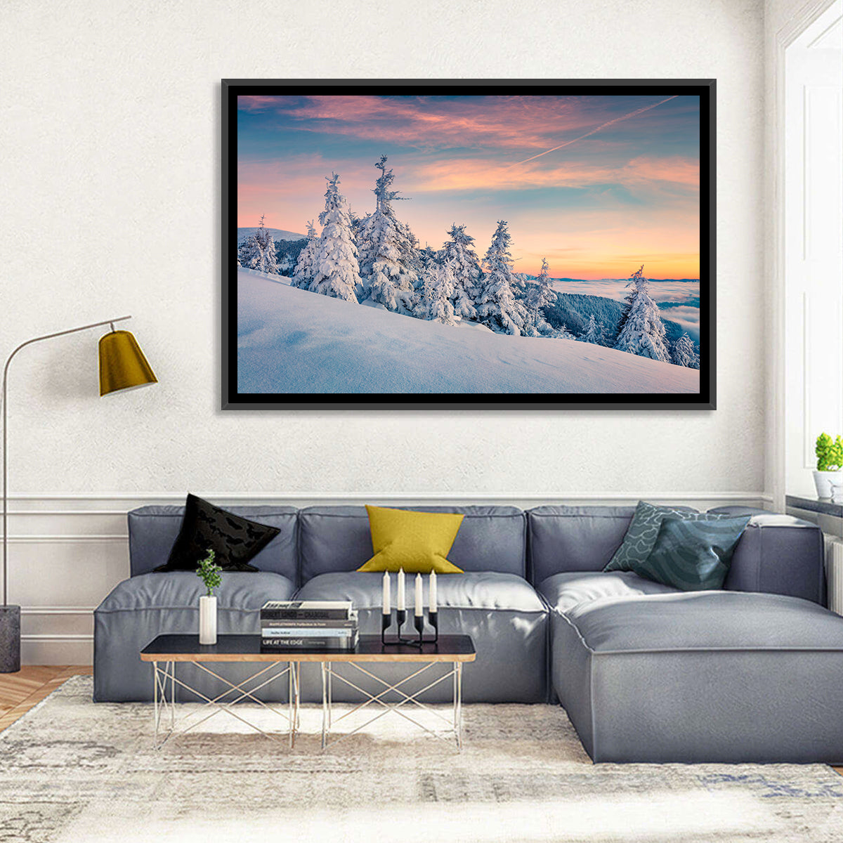 Snowy Carpathian Sunset Wall Art in a room, landscape