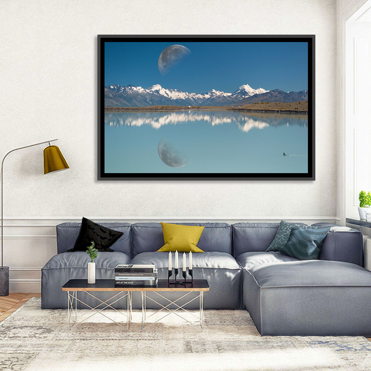 Moon Over Mt Cook and Lake Pukaki Wall Art in a room, landscape