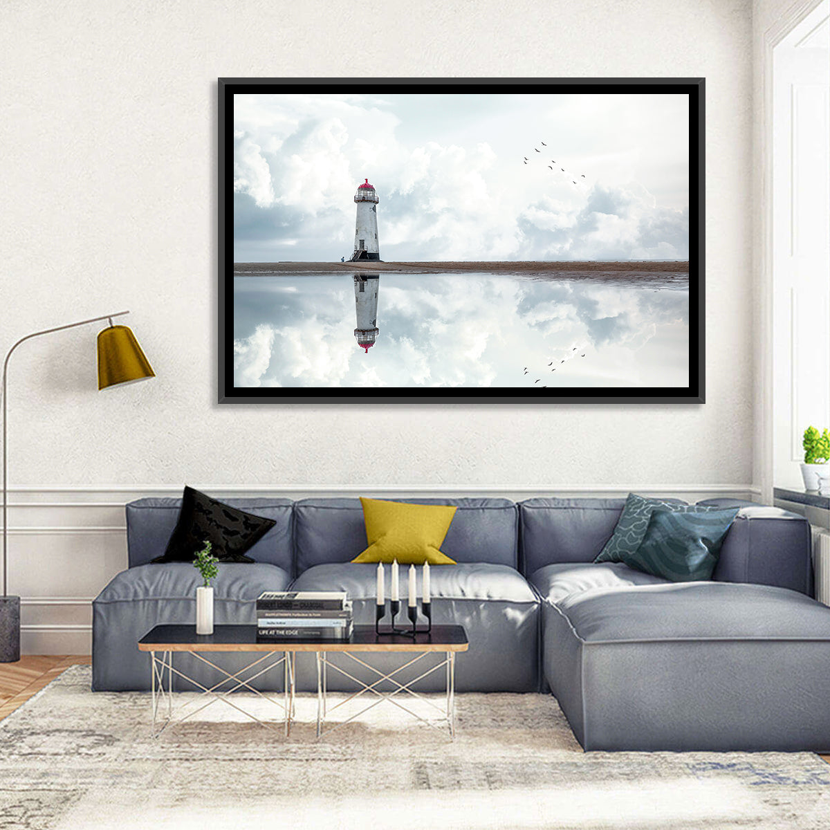 Wales Seashore Lighthouse Wall Art in a room, landscape