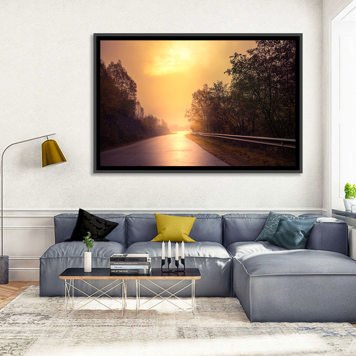 Windy Misty Forest Road Wall Art in a room, landscape